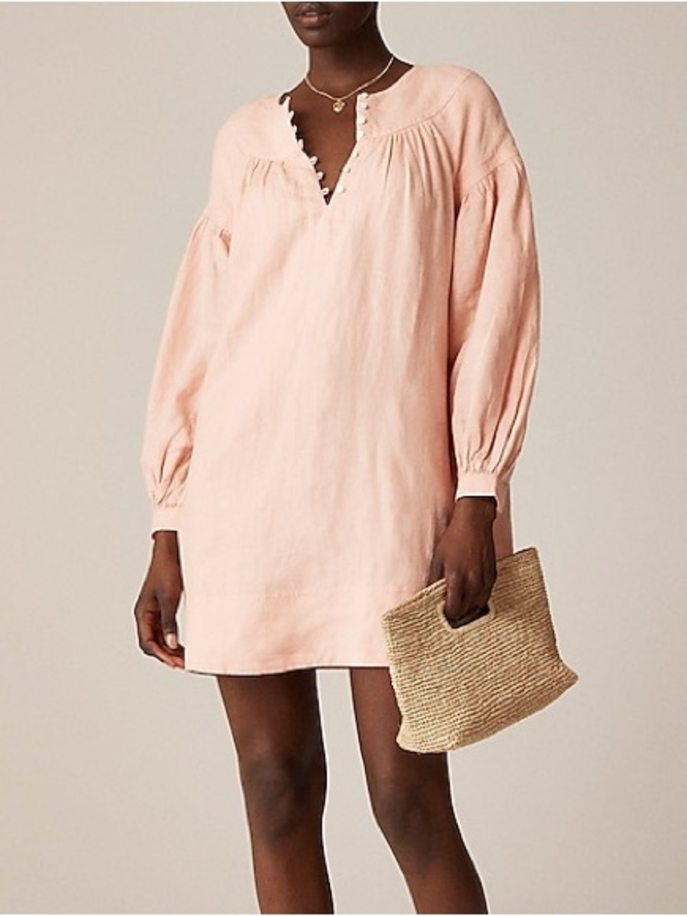 NWT J. Crew Peach-Pink Linen Gathered Popover Button-Front Relaxed Fit Dress